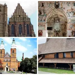 Kolekcja zabytkowych kościołów w Polsce: gotycka katedra, wnętrze z malowidłami, ceglana bazylika i drewniany kościółek.