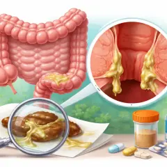 Illustrazione del colon e dell'ano con secrezioni giallastre. Farmaci e pillole suggeriscono rimedi per la defecazione incompleta.