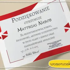 Dyplom z podziękowaniami dla wychowawcy dla Matthiasa Nabob za pomoc i zaangażowanie.