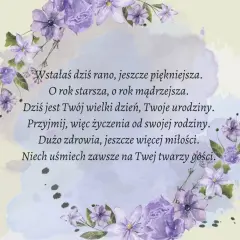 Wiersz urodzinowy z fioletowymi kwiatami i tekstem życzeń.