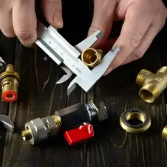 Mains de plombier mesurant un bouchon raccord hydraulique en laiton. Outils et raccords divers sur fond de bois sombre.