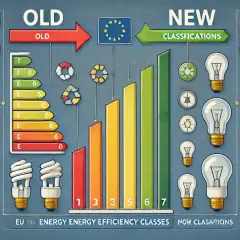 Porównanie starych i nowych klas energetycznych żarówek. Od lewej: żarówki energooszczędne, stara klasyfikacja (A-G), nowe klasy (1-7).