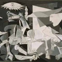 Guernica Picassa w Muzeum Narodowym Centrum Sztuki Królowej Zofii. Dramatyczna scena z bykiem, koniem i cierpiącymi ludźmi.