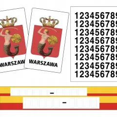 Dwa znaki taxi z Syrenką Warszawską, cyfry i paski do oklejania pojazdów.