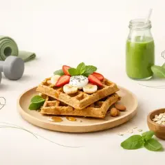 Zdrowe gofry fit z owocami, jogurtem i miodem, obok zielonego smoothie, hantli i maty do ćwiczeń. Idealne śniadanie dla aktywnych.