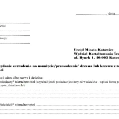 Formularz wniosku o zezwolenie na usunięcie drzewa. Informuje, jakie drzewa można wyciąć bez zezwolenia, gdy wniosek dotyczy terenu nieruchomości.