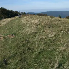 Polana z trawą i kilkoma osobami na tle górskiego krajobrazu.