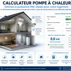Un schéma illustre le dimensionnement d'une pompe à chaleur pour un logement, prenant en compte isolation, température et déperditions.