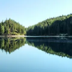 Spokojna tafla jeziora odbija gęsty las i góry. Widok na malowniczą kotlinę z drewnianym pomostem.