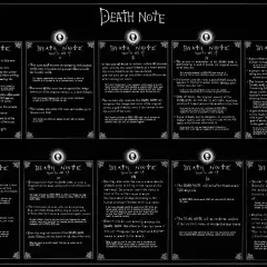 Zasady używania Death Note. Na czarnym tle, w białych ramkach, wypisano zasady działania notatnika śmierci.