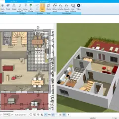 Software zur Wohnungseinrichtung planen: 2D-Grundriss und 3D-Ansicht eines Hauses mit Autos.