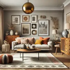 Ein gemütliches Wohnzimmer, das modern und alt kombiniert. Ein bequemes Sofa mit vielen Kissen, ein runder Couchtisch und ein Teppich laden zum Verweilen ein.