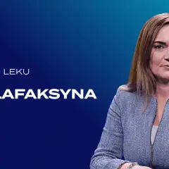Kobieta w niebieskiej marynarce, na ekranie napis "5 minut o leku WENLAFAKSYNA".