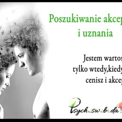 Poszukiwanie akceptacji i uznania. "Jestem wartościowy tylko wtedy, kiedy mnie cenisz i akceptujesz." Dwoje ludzi, w których głowach rosną drzewa, symbolizujące potrzebę uznania.