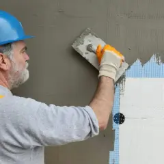 Pracownik w kasku nakłada tynk na styropian, pokazując, jak ocieplić garaż blaszany styropianem.