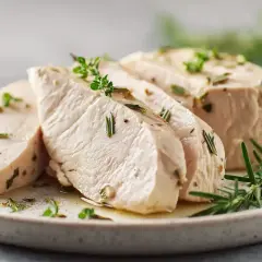 Skivor av saftig kokt kycklingfilé med örter som rosmarin och timjan, serverade på en tallrik.