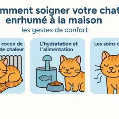 Un chaton roux se repose près d'un radiateur, boit de l'eau et mange, et se fait nettoyer le visage. Des gestes de confort pour un chat qui tousse, remède naturel.