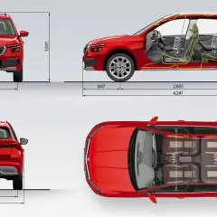 Szczegółowe skoda kamiq wymiary: wysokość 1531 mm, szerokość 1793 mm, długość 4241 mm. Wnętrze oferuje 1051 mm przestrzeni nad głową z przodu i 1003 mm z tyłu.