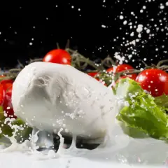 La mozzarella fresca, circondata da pomodorini e lattuga, viene spruzzata con latte in un movimento dinamico.