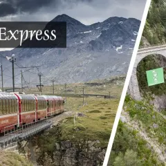Bernina Express: malownicza trasa i ceny biletów. Widok na czerwony pociąg w górach i kamienny wiadukt z flagami.