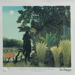 A dark figure plays a flute to a snake by a moonlit jungle river. A pink bird stands nearby. "The Snake Charmer" by Rousseau.