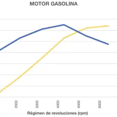 Gráfico de un motor gasolina que muestra la potencia y el par motor en función de las revoluciones.