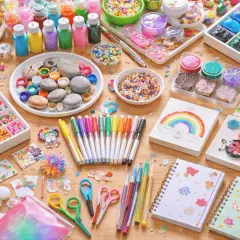 Bunte Bastelmaterialien für kindergeburtstag kreativ: Stifte, Perlen, Glitzer, Steine und Notizbücher laden zum Gestalten ein.