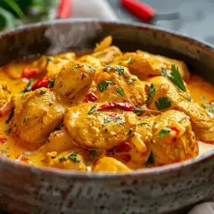 En närbild av en krämig kyckling curry gryta med bitar av kyckling, chili och persilja i en rustik skål.