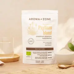 Un sachet de téguments de psyllium blond Aroma-Zone, un complément alimentaire pour le transit intestinal. Les bienfaits du psyllium blond sont mis en avant.