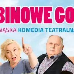 Plakat teatralny "Rubinowe Gody" z czterema aktorami i napisem "Niewąska komedia teatralna".