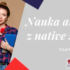 Młoda kobieta z flagą Wielkiej Brytanii i książką. Napis: Nauka angielskiego z native speakerem.