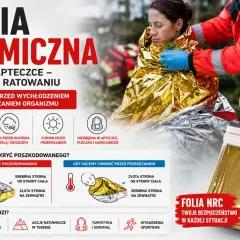 Folia NRC ratuje życie, chroniąc przed wychłodzeniem i przegrzaniem. Niezbędna w apteczce, plecaku i samochodzie.