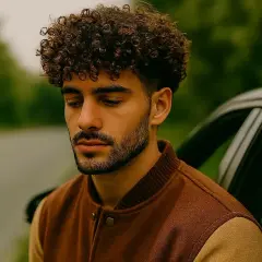 Un jeune homme aux cheveux bouclés, pensif, appuyé contre une voiture, le regard baissé.