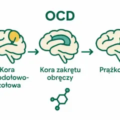 Schemat wyjaśniający co to OCD: aktywność mózgu w korze oczodołowo-czołowej, korze zakrętu obręczy i ciałach prążkowanych.