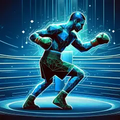 A polygonal boxer in a digital ring, demonstrating boxing footwork with glowing blue lines and arrows.