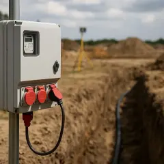 Skrzynka z gniazdami elektrycznymi na budowie, obok wykopu z kablem.