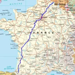Carte de France et pays voisins, avec un itinéraire GR 655 bleu traversant la France.
