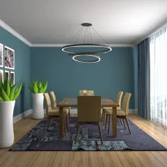 Salle à manger moderne avec table en bois, chaises jaunes et tapis graphique. Le plafond blanc lumineux donne une impression de grandeur, une astuce pour agrandir la pièce.