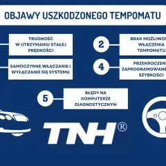 Objawy uszkodzonego tempomatu: trudność w utrzymaniu prędkości, brak możliwości włączenia, samoczynne włączanie/wyłączanie, przekroczenie max. prędkości, błędy diagnostyczne.