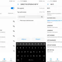Trzy ekrany telefonu z ustawieniami Wi-Fi, listą sieci i klawiaturą.