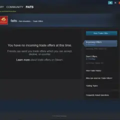 Ekran Steam pokazuje sekcję "Trade Offers", gdzie można zobaczyć, jak zobaczyć swój trade link Steam. Brak ofert.