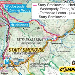 Mapa turystyczna Tatr: stary smokowiec, Hrebienok, Wodospady Zimnej Wody, Tatranská Lesná. Trasy piesze i czas przejścia.