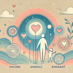 Teoria dell'attaccamento: un adulto e un bambino, con cuori stilizzati e cerchi concentrici, rappresentano stili come "secure", "ancore", "anxious" e "avoidant", illustrando l'attaccamento evitante.