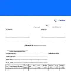 Formularz faktury z polami na dane sprzedawcy, nabywcy, numer faktury, datę wystawienia i termin płatności. Określa ile czasu na wystawienie faktury.