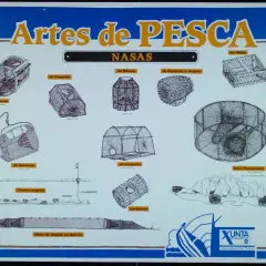Ilustraciones de diversos tipos de nasas de pesca, como las de nécora, camarón, pulpo, langosta y anguila, mostrando sus diseños y mallas.