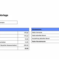 Stundenzettel-Vorlage für Max Mustermann. Zeigt Arbeitszeit, Urlaub und Saldo. Hier sieht man, wie viele Stunden für einen Minijob im aktuellen Monat geleistet wurden.