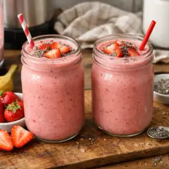 Deux jolis pots de smoothie fraise, garnis de fruits frais et de graines de chia. Un délice fruité prêt à être dégusté !