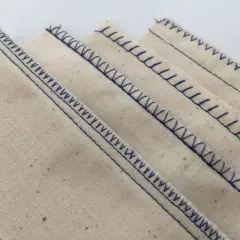 Close-up of beige fabric with neat, blue serger stitches. This is what a serger does: finishes edges beautifully.