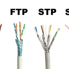 Comparación de cables de red: UTP, FTP, cable STP y SFTP. El cable STP muestra pares trenzados con blindaje metálico individual y general.