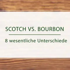 Zwei Flaschen Whisky: GlenAllachie Scotch und Maker's Mark Bourbon. Der Text erklärt die 8 wesentlichen Unterschiede zwischen Scotch und Bourbon.